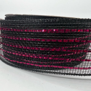 Black Deco Mesh Ribbon w/ Pink Stripe 2.5” Wide 