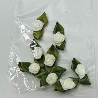 Vintage White Ribbon Roses & Green Leaves 