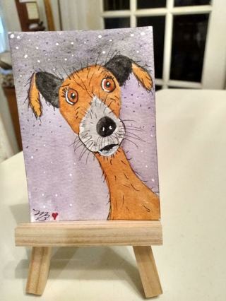 Original, Watercolor ACEO Painting 2-1/2"X 3/1/2" Whimsical Pup by Artist Marykay Bond
