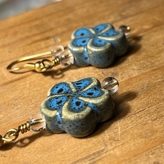 Blue Pottery Flower Dangle Earrings 