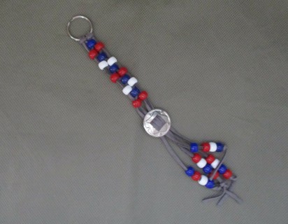Braided leather keychain handmade gray leather red white blue beads