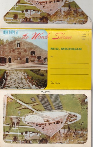 Vintage Souvenir Leaflet several views fold out: Lady of the Woods Shrine, Mio, MI