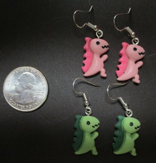 2 Pair of Fun Dinosaur Earrings - Pink & Green