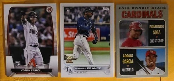 3 MLB rookie cards Corbin Carroll, Adolis Garcia and Wander Franco