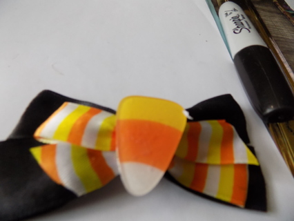 Halloween Satin black hair ribbon with acrylic candy corn, yellow, orange, white ribbon