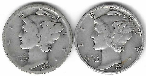 1936 and 1937 Mercury Dimes 90% Silver U.S. 10 Cent Coins