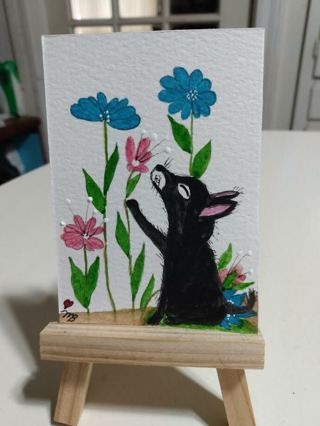 ACEO Original Watercolor Painting 2-1/2"X 3/1/2" Little Old Dog Sitting on flowers by Artist Marykay