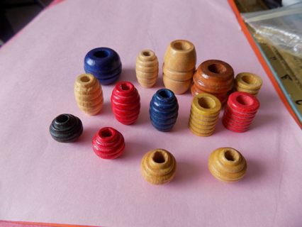 Set of 14 wooden barrel shape macrame beads asst. colors & size