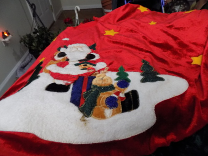 Large round red velvet tree skirt Santa, Presents, stars, trees, reindeer green velvet trim