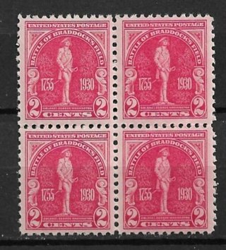 1930 Sc688 2¢ Battle of Braddock's Field MNH block of 4