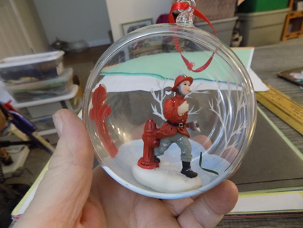 4inch round clear glass ball firefighter in red suit ornament, fire hydrant painted, birch trees
