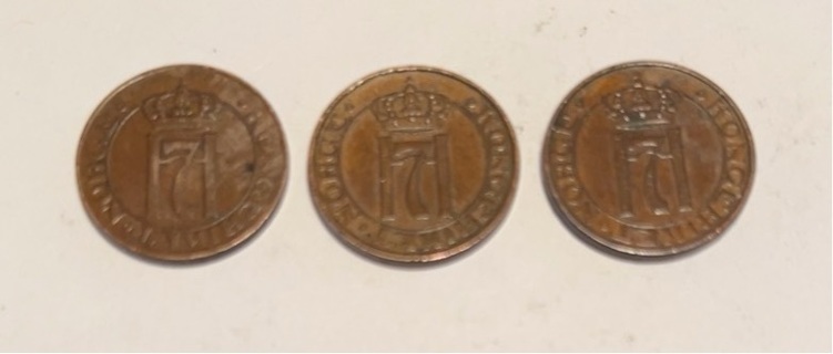 3 Antique Norway 1 Ore Coins