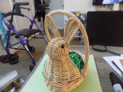 Rabbit shaped mini woven basket 9 inch tall with Easter grass