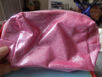 Pink glittery metallic Justic Make up bag zips at top 7 x 4