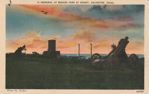 Vintage Used Postcard: 1941 Memorial at Menard Park at Sunset, Galveston, TX