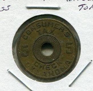 1930's Oklahoma Consumer Tax Check Token-5 Mils