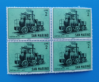 SAN MARINO - BLOCK OF FOUR STAMPS - PUFFING BILLY (1964) - ODDS & ENDS - MNH - LOT01