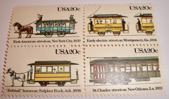 Scott #2059-62, Street Cars, Pane of 4 Useable 20¢ US Postage Stamps