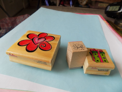 Set of 3 Wood Mount Rubber Stamps 2 1/2 inch square flower multi petal heart inside, flower and gift