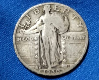 1930-S ☆Low Mintage☆Silver Standing Liberty Quarter only 1,556 000! Beautiful condition