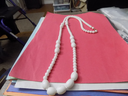 Extra long glass all white bead necklace large oval ones, small rd onces