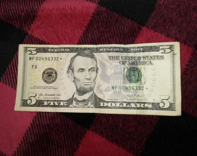 $5 dollar star note serial number 00496332* in great shape circulated $5.00 bill