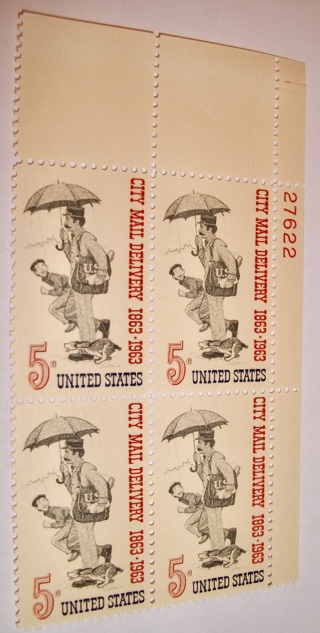 Scott #1238, City Mail Delivery 1863-1963, Pane of 4 Useable 5¢ US Postage Stamps