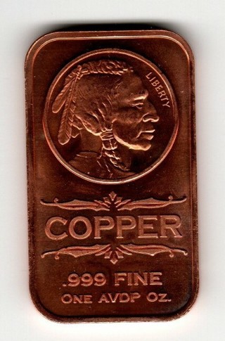 One Ounce .999 Copper Bar - Buffalo Nickel Design 