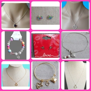 Lot x9 Pieces HEART Themed Jewelry Bracelets Necklaces Earrings