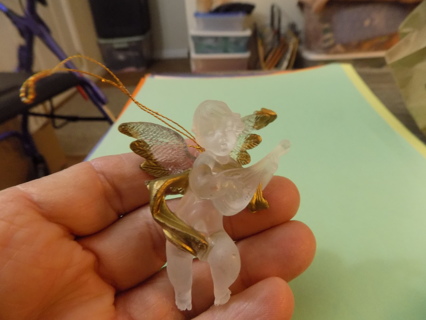 2 1/2 inch tall frosted acrylic angel ornament with gold tipped wings