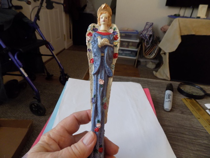 10 inch tall resin skinny angel in blue gown covered in roses