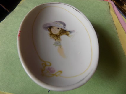 Vintage oval porcelain pedestal soap dish with colonial lady in purple hat