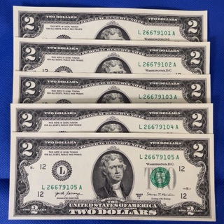 Sequential $2 bills -five (5) uncirculated 