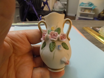 3 inch white porcelain double handled mini vase TIG 3 pink roses on it