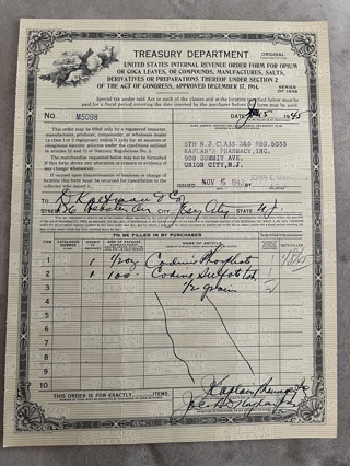 1945 Treasury Dept Order Form for Opium, Coca, etc. Issued for Codeine Phosphate & Codeine Sulfate