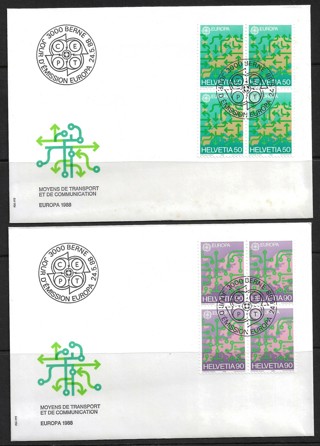 1988 Switzerland Sc822 & 823 Europa blocks of 4 FDC