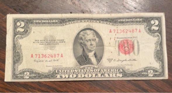 1953 B Series Red Seal $2 Dollar Bill lightly Circulated 