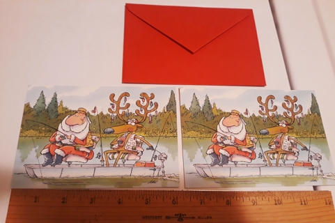 2 Santa & Reindeer Fishing Christmas Cards (w/envelopes)