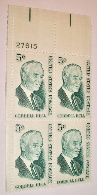 Scott #1235, Cordell Hull, Pane of 4 Useable 5¢ US Postage Stamps