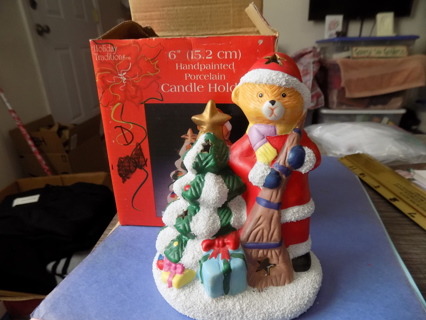 6 inch textured porcelain teddy bear in Santa suit candle holder in original box