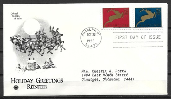 1999 Sc3356-7 Holiday Greetings Reindeer FDC