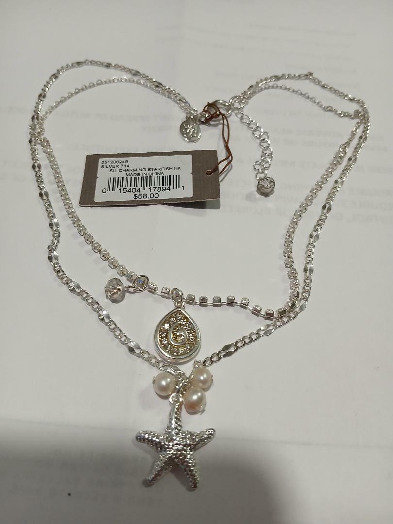 Free: Tommy Bahama silver starfish necklace double chain pearl crystal extender 18" NW