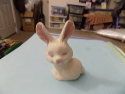 3 1/2 tall white ceramic rabbit sitting up pink inside ears, and eyes