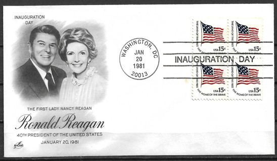 1981 President Ronald Reagan Inauguration Day Cover franked with block of 4 Sc1597