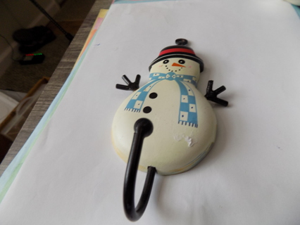 7 inch tall Snowman hook, wears black hat, red band twig arms & blue, white scarf