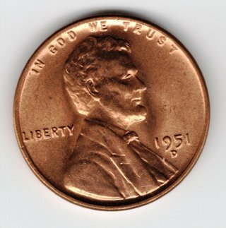 BU RED 1951-D LINCOLN WHEAT CENT From OBW