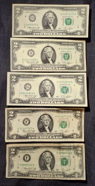 5 LOT of U.S $2 DOLLARS FEDERAL RESERVE 1976 A - Bills# F 21,D 04,B 11,F 49,G 59