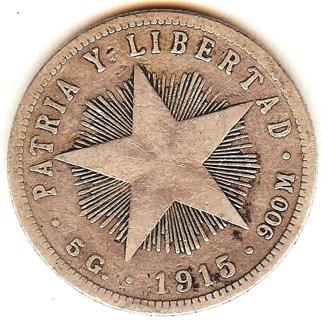 1915 Republica de Cuba Patria y Libertad Veinte Centavos 90% Silver 5g