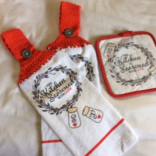 Two Hand Crocheted Decorative Kitchen Towels & Matching Potholder .