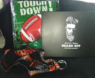 Mens Fathers day Tiered auction Beard Kit, oil , Jagermeister Lanyard keychain, NFL Football banner